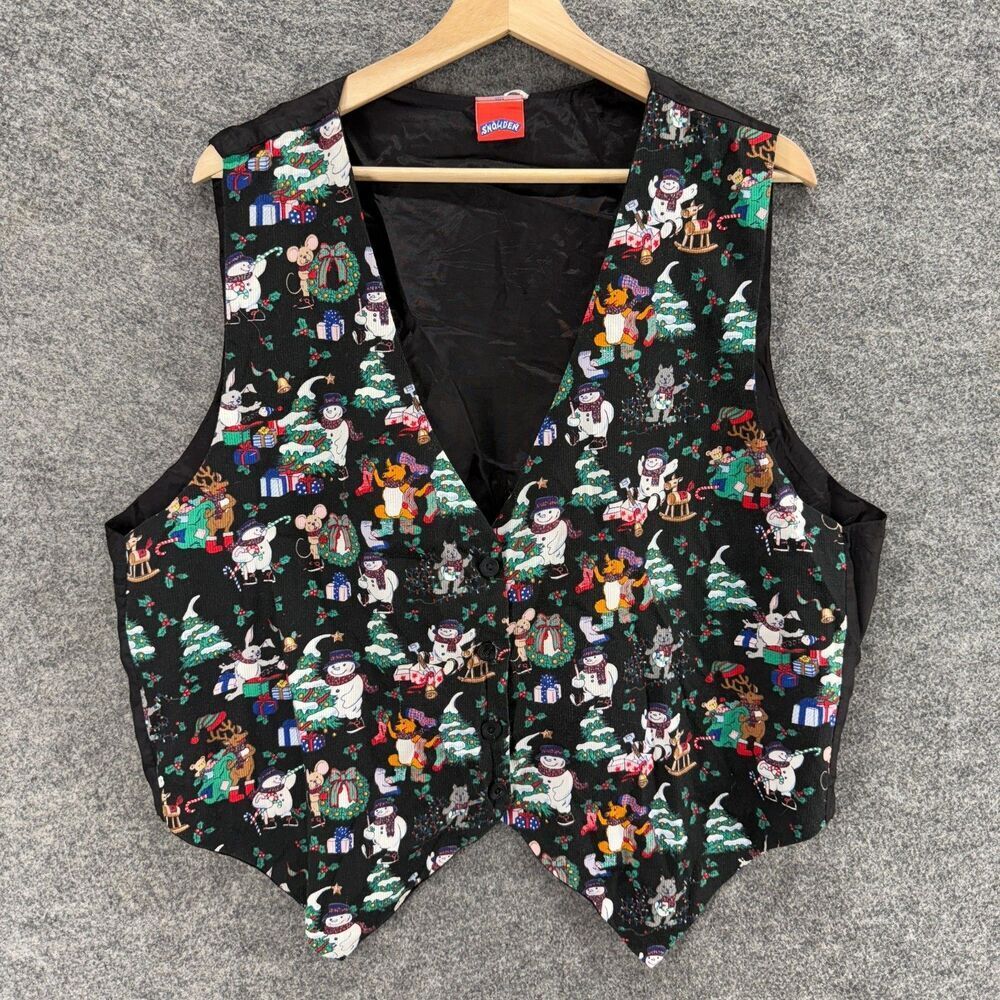 Snowden Suit Vest Women M Medium Black Christmas Print V-Neck Sleeveless Button